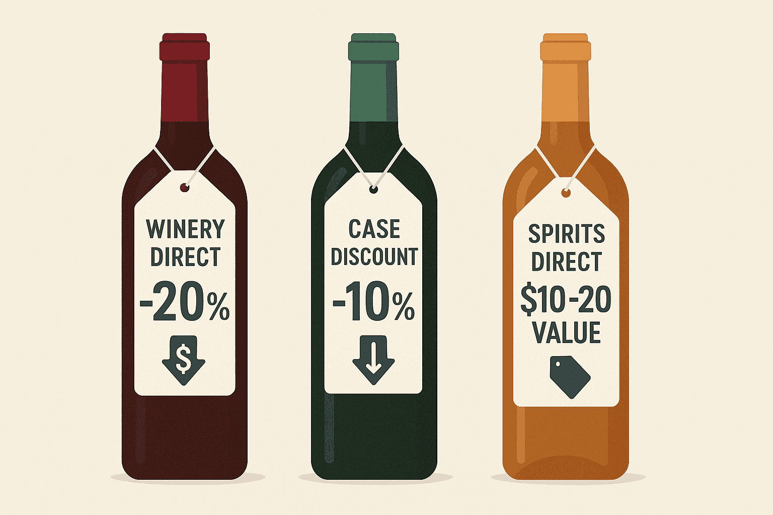 Infographic with three wine bottles labeled Winery Direct -20%, Case Discount -10%, and Spirits Direct $10–20 Value.
