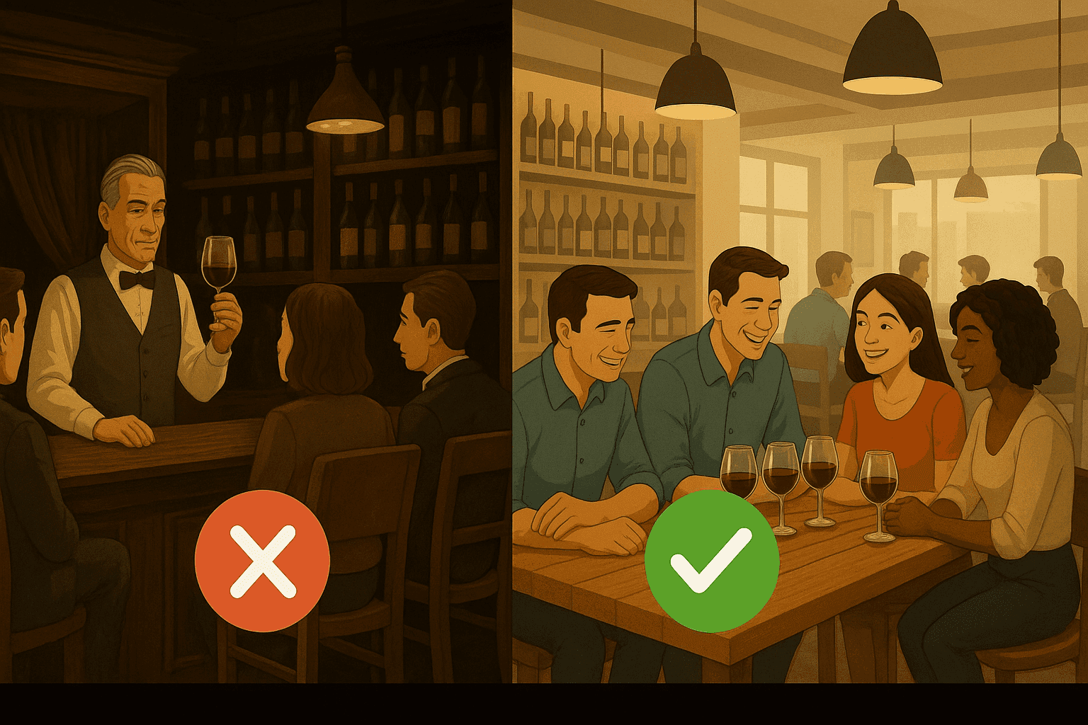 Split-screen of wine bars: left shows outdated formal bar with red X, right shows modern casual bar with green checkmark.