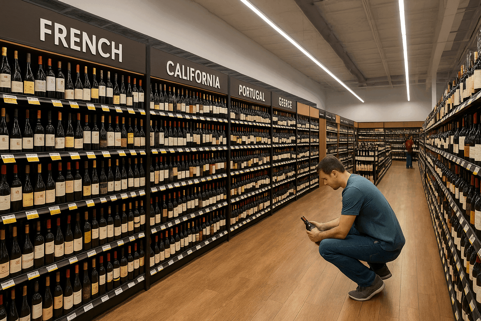 Total Wine interior showing wine aisles labeled France, California, Portugal, and Greece, with a shopper crouching to select a bottle from the bottom shelf.