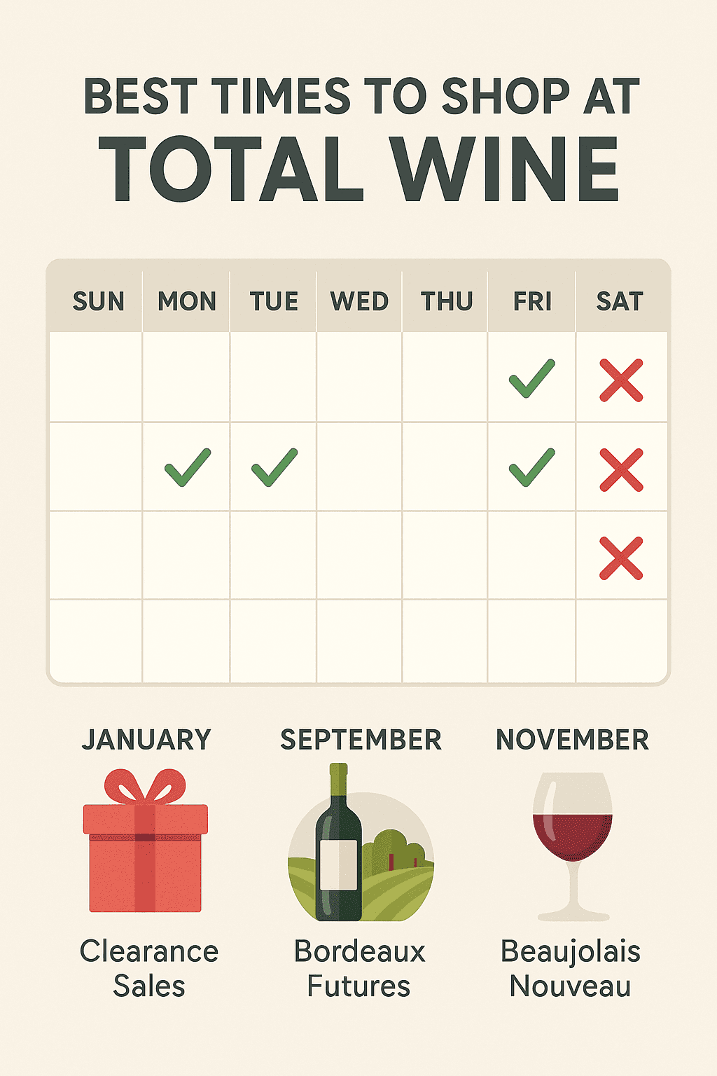 Infographic calendar titled Best Times to Shop at Total Wine