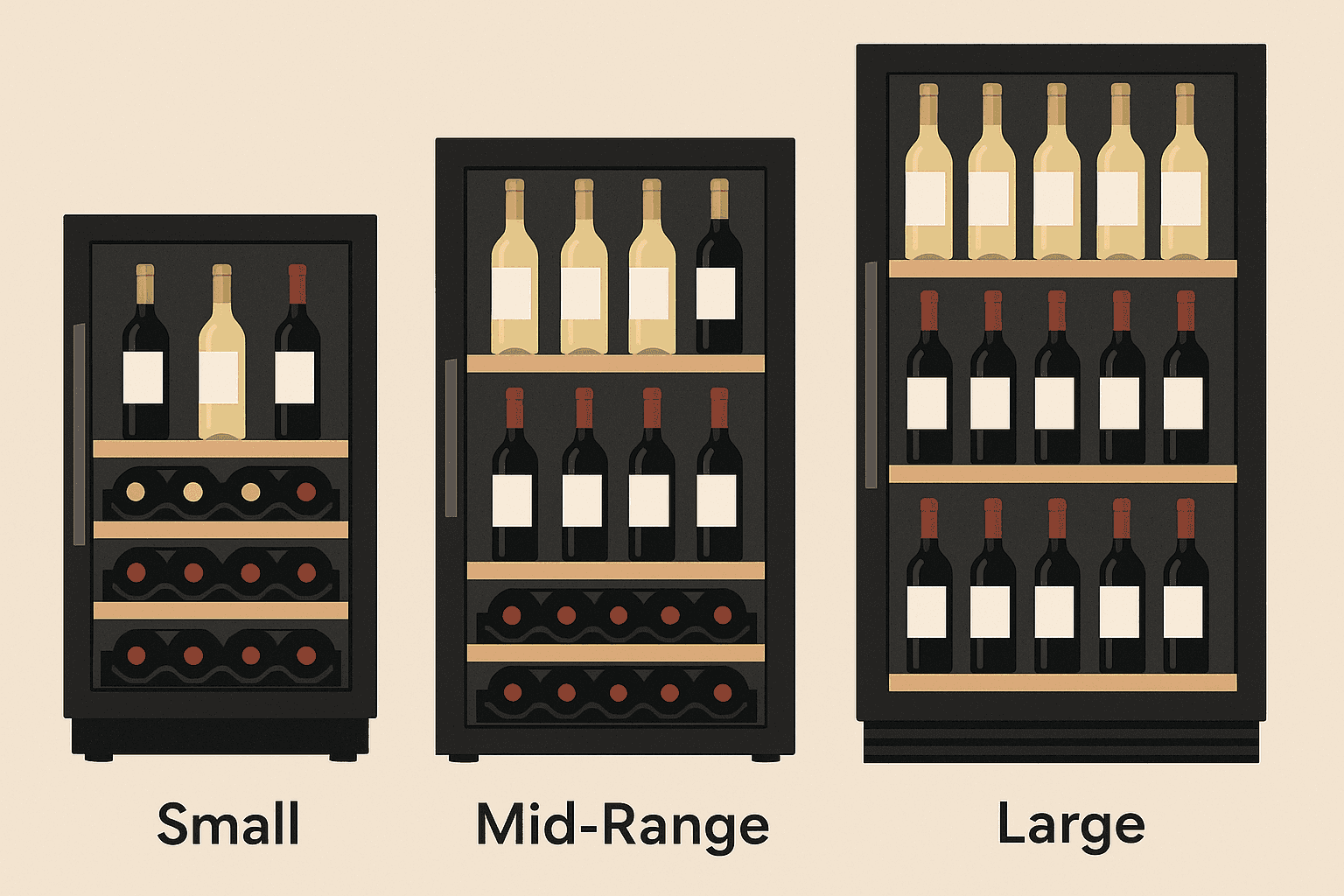 size chart for small, mid-range and large wine coolers